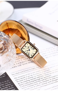 Detail view of GEDI vintage square watch with Roman numerals and mesh strap