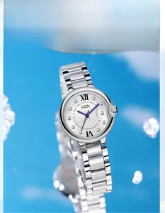 Close-up of polished stainless steel solid watch band with blue wave background