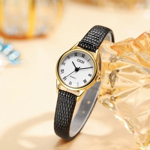 Montre GEDI vintage en or quartz avec cadran romain blanc et bracelet en cuir noir