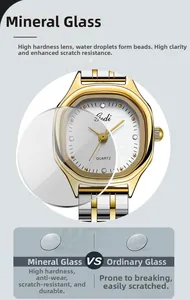 Gedi square watch with scratch-resistant mineral glass lens detail and macro view