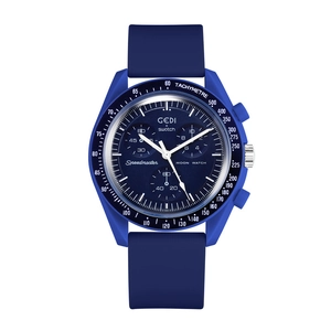 Macro shot of dark blue sport chronograph watch featuring textured dial and tachymeter bezel