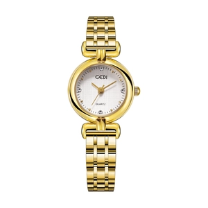 Elegant gold quartz watch for women with textured white dial and stainless steel band