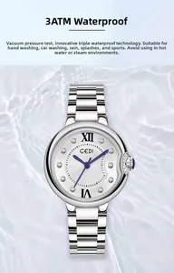 Close-up of waterproof silver steel watch with Roman numerals over a blue water surface