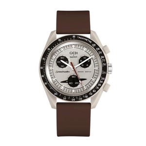 Close-up of beige quartz watch with Saturn sub-dial and brown silicone strap