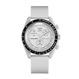Close-up of a white Speedmaster quartz watch with silicone strap and tachymetre bezel