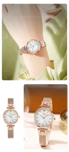 Detailed views of women's watch with rose gold mesh band and mother-of-pearl dial