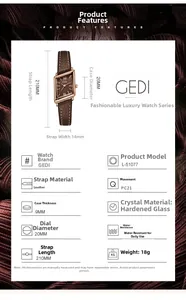 Detailed specs of the vintage rhombic quartz watch with brown leather strap and gold case
