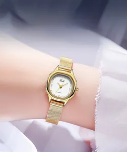 Close-up of women's Gedi quartz watch with gold mesh strap and octagonal white dial