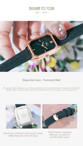 Macro detail of rose gold rectangular watch case with stainless steel back and leather strap