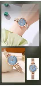 Macro detail of rose gold mesh strap and blue mother of pearl watch face by GEDI