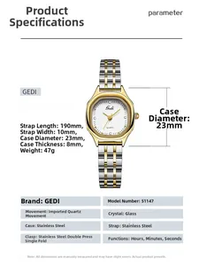 Detailed spec sheet showing size 23mm silver gold quartz watch with diamond markers