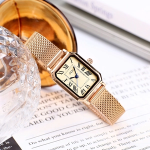 Women's Quartz Watch Vintage Rectangular Case Roman Numerals Stainless Steel Mesh Strap Waterproof Elegant Dress Timepiece