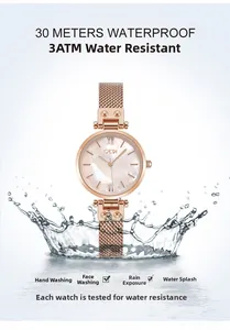 Detail showing the 3ATM waterproof feature and rose gold mesh strap of the quartz watch