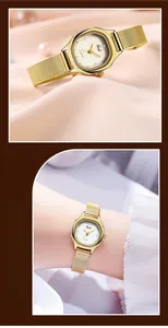 Detail of Gedi gold mesh strap watch with textured dial against a silk and pearl background