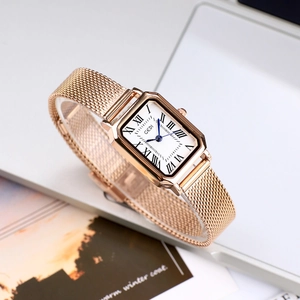 Vintage rectangular quartz watch for women with rose gold mesh band and Roman numerals
