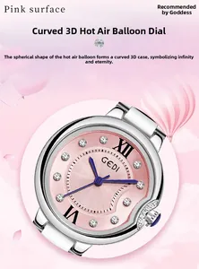 Detail of pink hot air balloon dial with crystals on women's steel watch