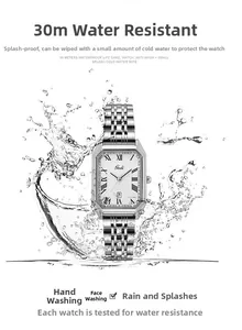 Detail showing square quartz watch with 30m water resistance and splashing water