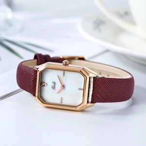 Elegant square rose gold watch for women with pearl dial and reddish brown leather strap