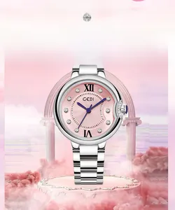 Detail of silver steel watch with pink sunray dial and crystal Roman numerals markers
