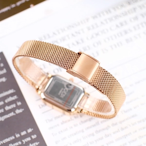 Vintage rose gold square quartz watch for women with stylish Milanese mesh bracelet strap