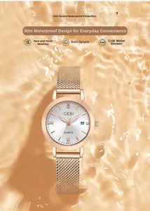 Detail of rose gold quartz watch showing 30M waterproof performance over water ripples