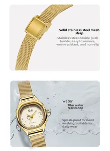 Detail of golden stainless steel mesh strap and 30m water resistance performance test