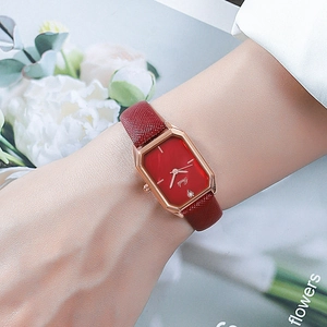 Elegant red square leather watch for women with rose gold case and diamond accent