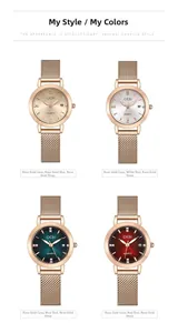 Detailed view of four quartz watches with mesh bands in gold, white, green and red dials