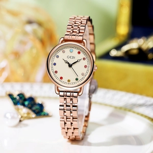 Elegante orologio da donna in oro rosa con cristalli colorati e cinturino in metallo