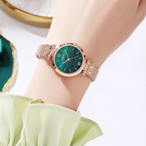 GEDI luxury women's watch with green malachite dial and rose gold mesh strap