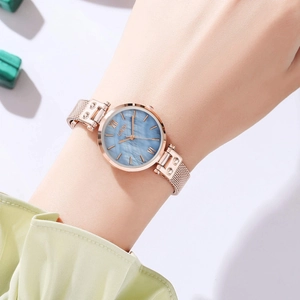 GEDI luxury women's quartz watch with blue shell dial and rose gold mesh strap