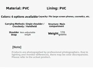 Specifications for the mini PVC jelly bag showing weight, material and 6 color options