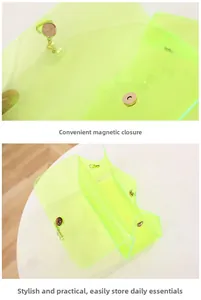 Λεπτομέρεια neon πράσινης τσάντας PVC με μαγνητικό κούμπωμα και διπλό εσωτερικό χώρο