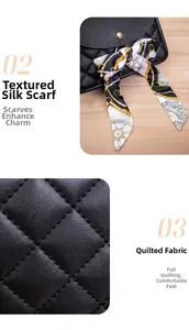 Close-up of quilted black leather texture and stylish floral silk scarf decoration