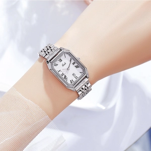 Gedi elegant silver square watch with Roman numerals and steel band displayed on white silk