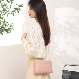 Pink quilted crossbody bag with gold chain strap and elegant metallic plate detail