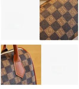 Detail of brown checkered pattern with H-letter design and reinforced stitching on handbag