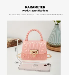 Pink mini jelly bag detail with dimensions 13x10x5cm and gold rivet accents