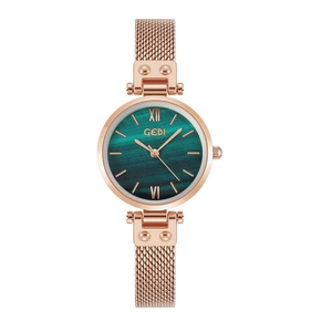Elegant ladies watch with rose gold mesh band and green malachite dial in a vintage style