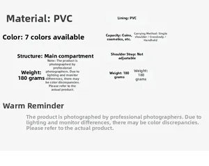 Specifications chart for PVC jelly bag showing 180g weight and seven color options