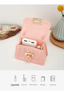 Pink jelly mini bag interior capacity showing storage for lipstick and essentials