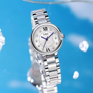 Elegant women's steel watch with blue hands and roman numerals at a 45-degree angle