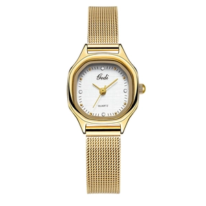 Elegant gold mesh band quartz watch with cushion case and textured dial for women