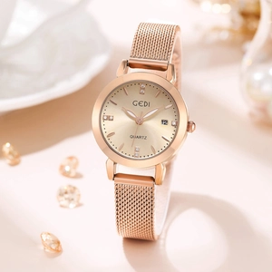 Women Quartz Watch Fashion Luxury Elegant Stainless Steel Mesh Strap Waterproof Rhinestone Analog Display Calendar Date