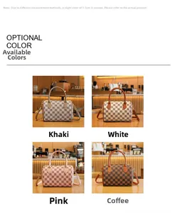 Detail view of four Boston bags in khaki, white, pink, and coffee with letter patterns