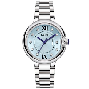 Elegant women's silver quartz watch with light blue sunray dial and crystal markers