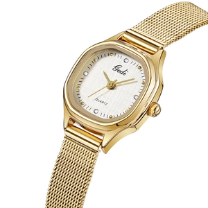 Elegant gold stainless steel mesh strap watch with a textured white dial for women