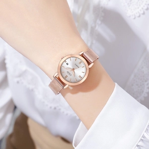 Elegant rose gold mesh strap watch for women with sparkling crystal indices and calendar