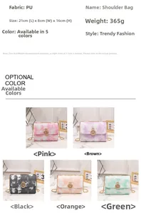 Detail view of colorful gradient chain bag showing size 21x8x16cm and PU material