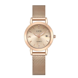 Elegant rose gold women's quartz watch with date display and mesh stainless steel strap